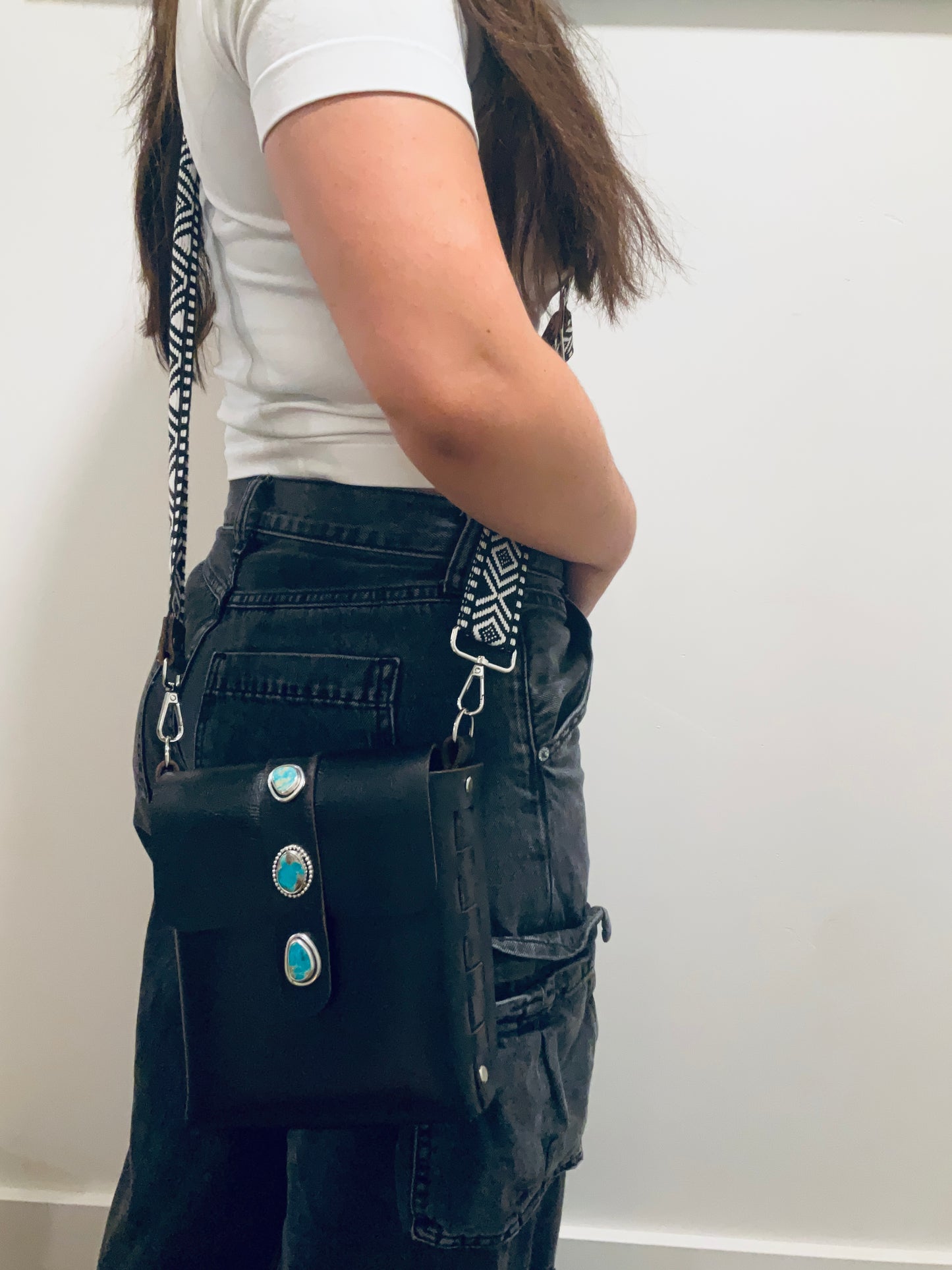 Aria Black Leather Crossbody Purse: Turquoise + Sterling Silver + Genuine Leather