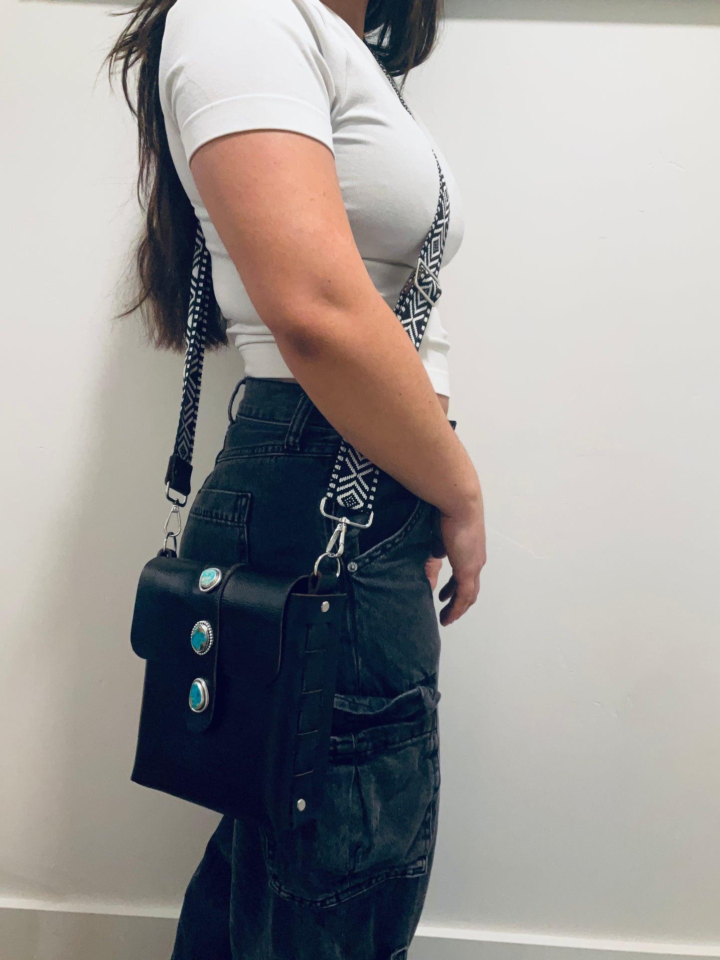 Aria Black Leather Crossbody Purse: Turquoise + Sterling Silver + Genuine Leather