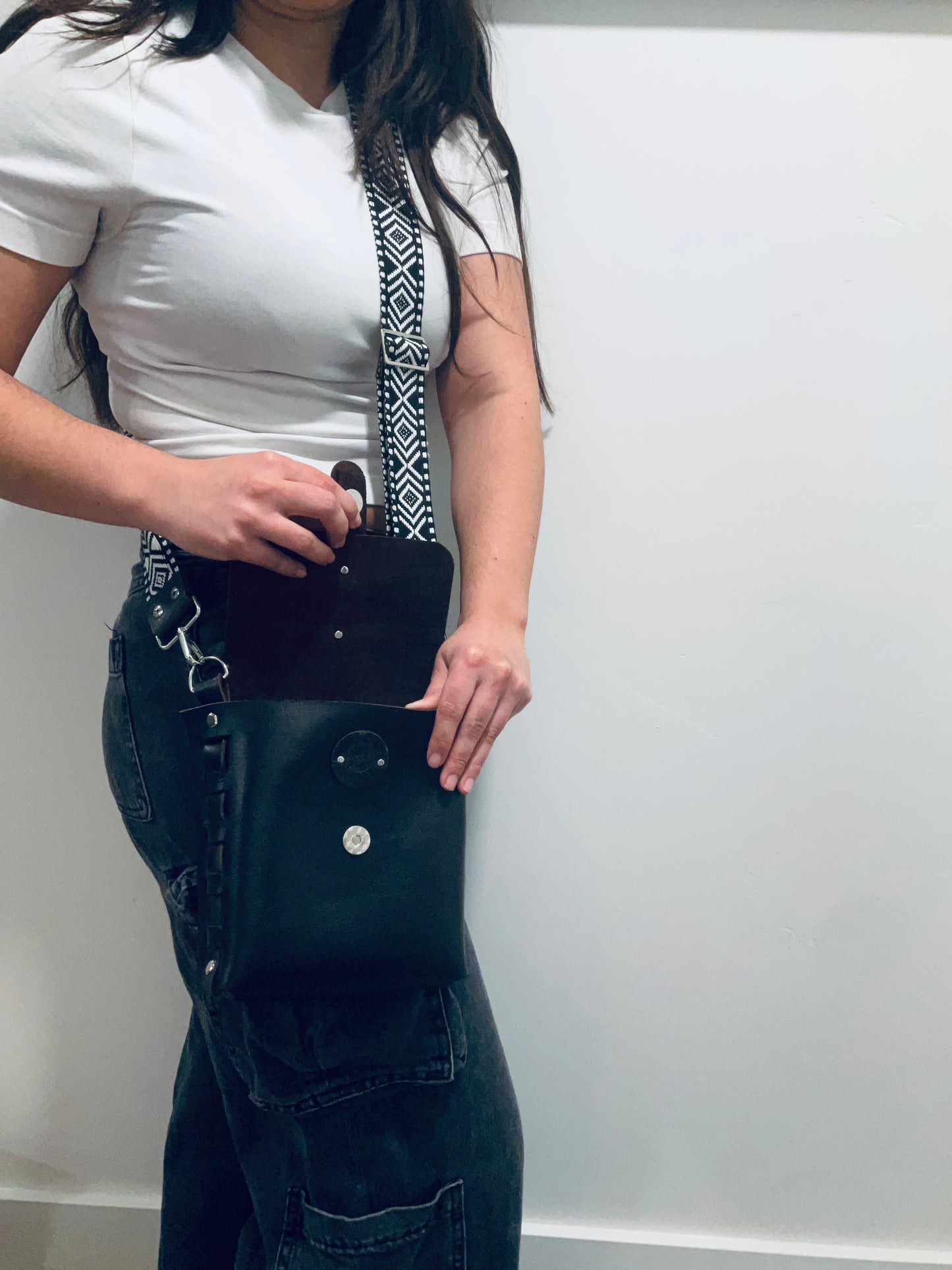 Aria Black Leather Crossbody Purse: Turquoise + Sterling Silver + Genuine Leather