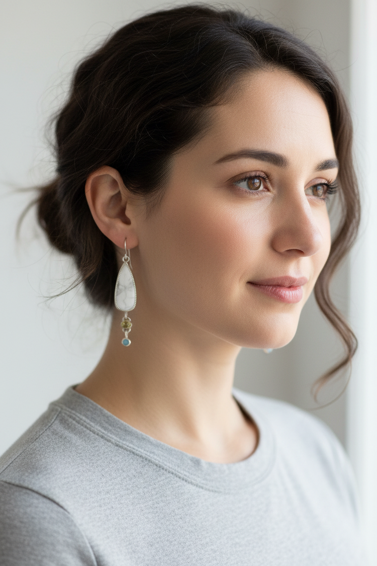 Sunkissed Earrings: Sterling Silver + Howlite + Peridot + Blue Chalcedony