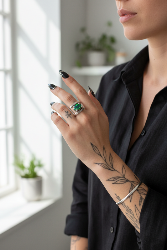 Handcrafted Ancient Bronze Black Opal Ring – Unique Artisan Statement Ring for Creative Souls – Size 6.5