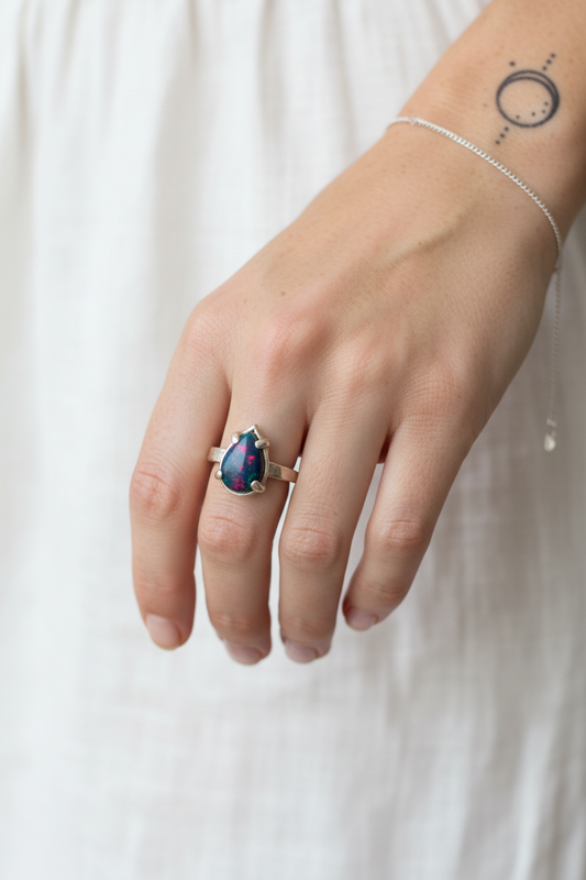 Handcrafted Ancient Bronze Black Opal Ring – Artisan Statement Ring for Modern Mystics – Size 7.75