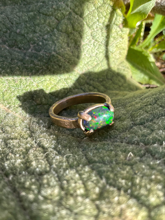 Handcrafted Ancient Bronze Black Opal Ring – Artisan Statement Piece for Elevated, Intentional Style – Size 8
