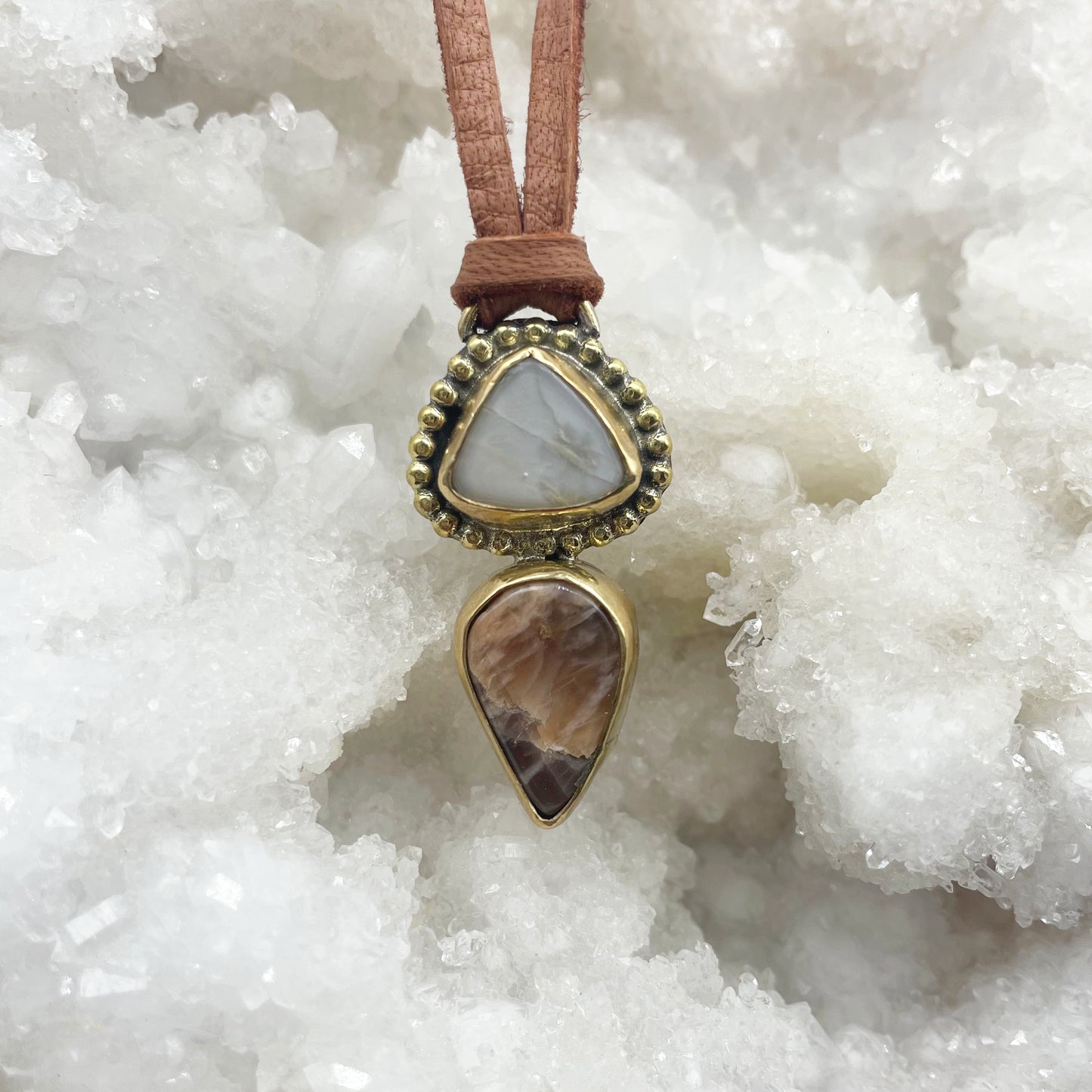Wilder Necklace ▼ Moonstone + Gold Brass + Deer Lace Leather ▼ 14"