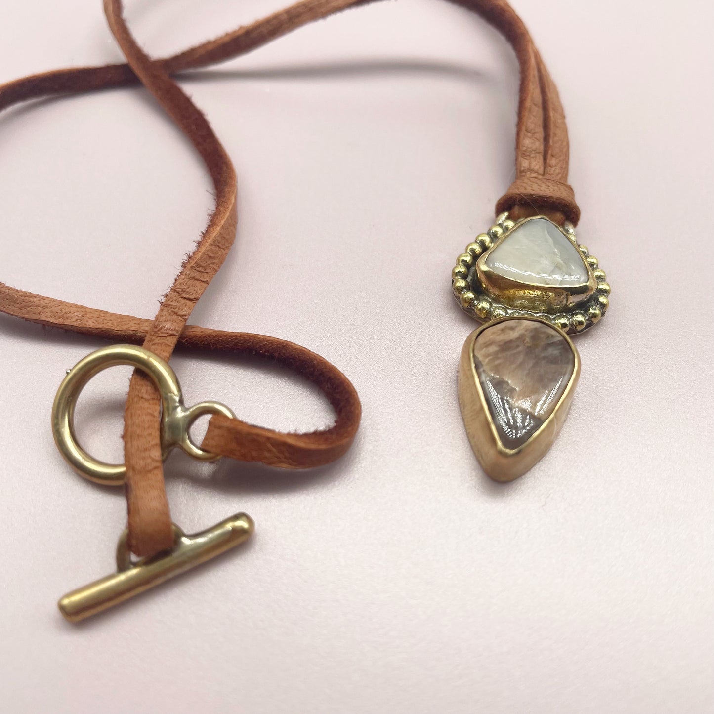 Wilder Necklace ▼ Moonstone + Gold Brass + Deer Lace Leather ▼ 14"