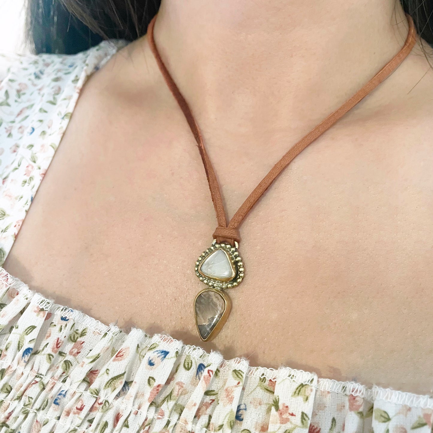 Wilder Necklace ▼ Moonstone + Gold Brass + Deer Lace Leather ▼ 14"