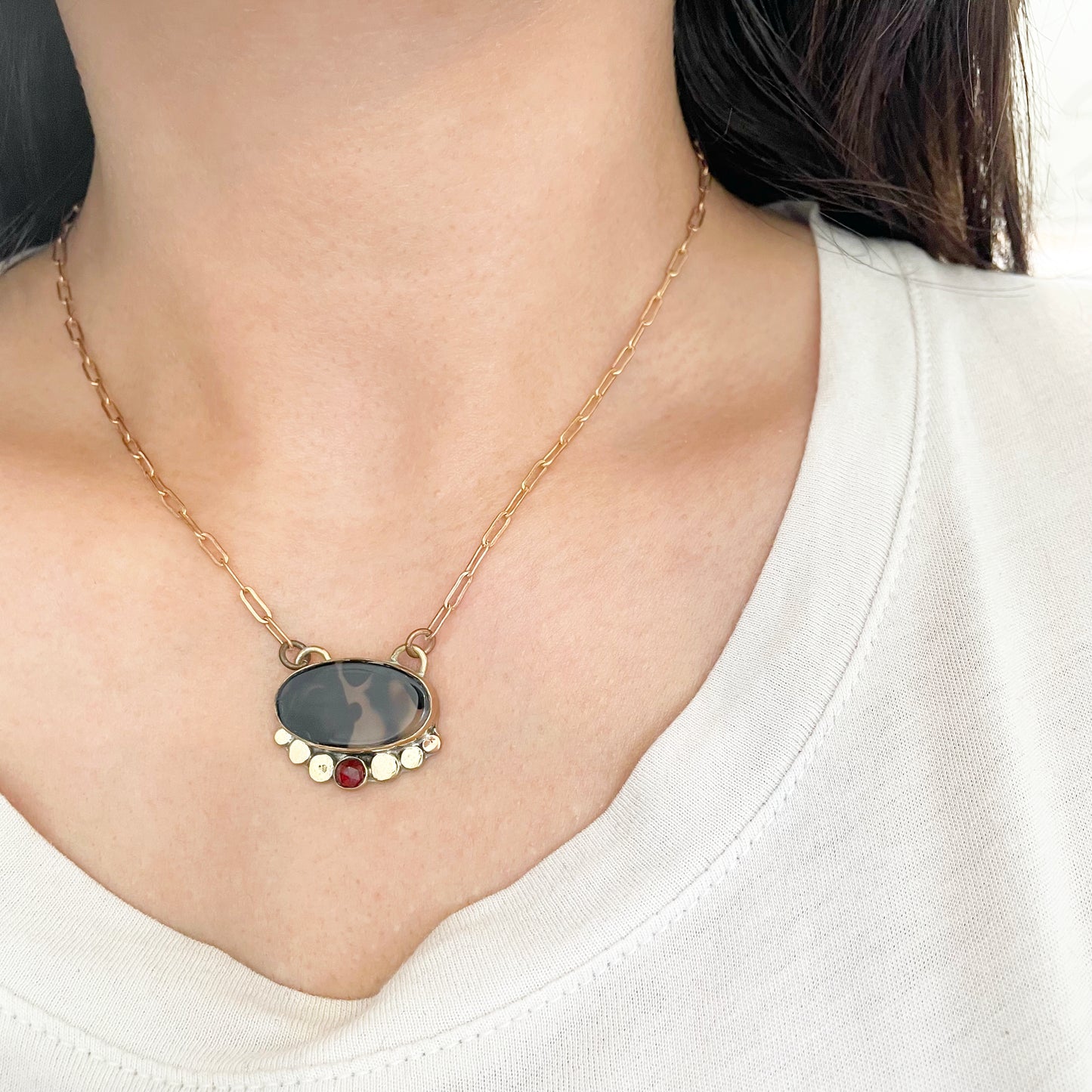 Dark Beauty Necklace ◇ Montana Agate + Red Garnet + Gold Brass ◇ 14"