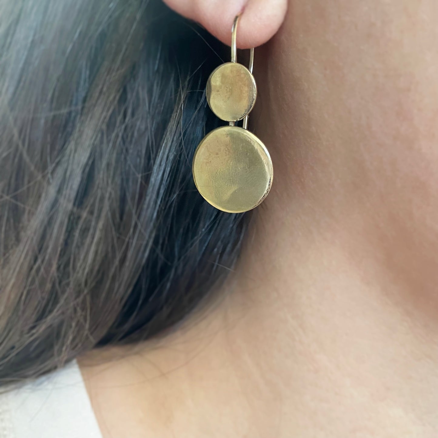 Double Circle Drop Earrings ◇ Gold Brass + 14K Gold-Filled