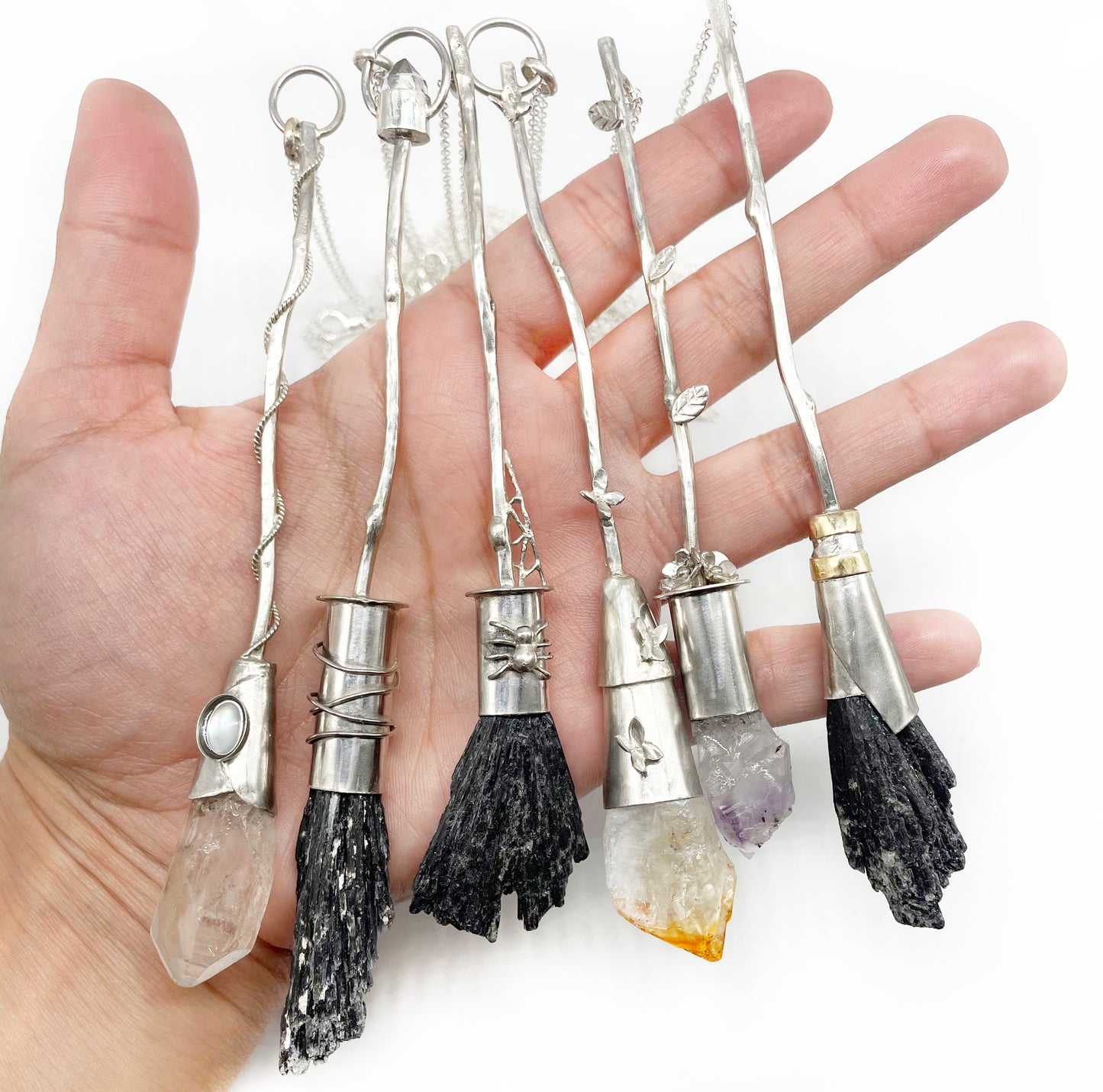 Broomstick Earrings ☪︎ Black Tourmaline + Split Pink Opal / Black Opal