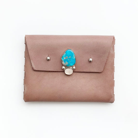 Brea Leather Wallet: Turquoise + Rainbow Moonstone + Sterling Silver + Genuine Leather