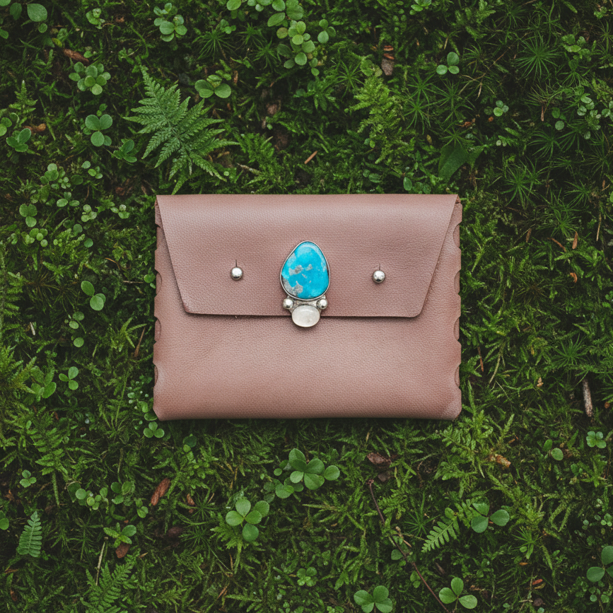 Brea Leather Wallet: Turquoise + Rainbow Moonstone + Sterling Silver + Genuine Leather