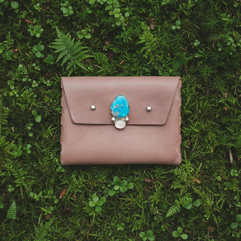 Brea Leather Wallet: Turquoise + Rainbow Moonstone + Sterling Silver + Genuine Leather