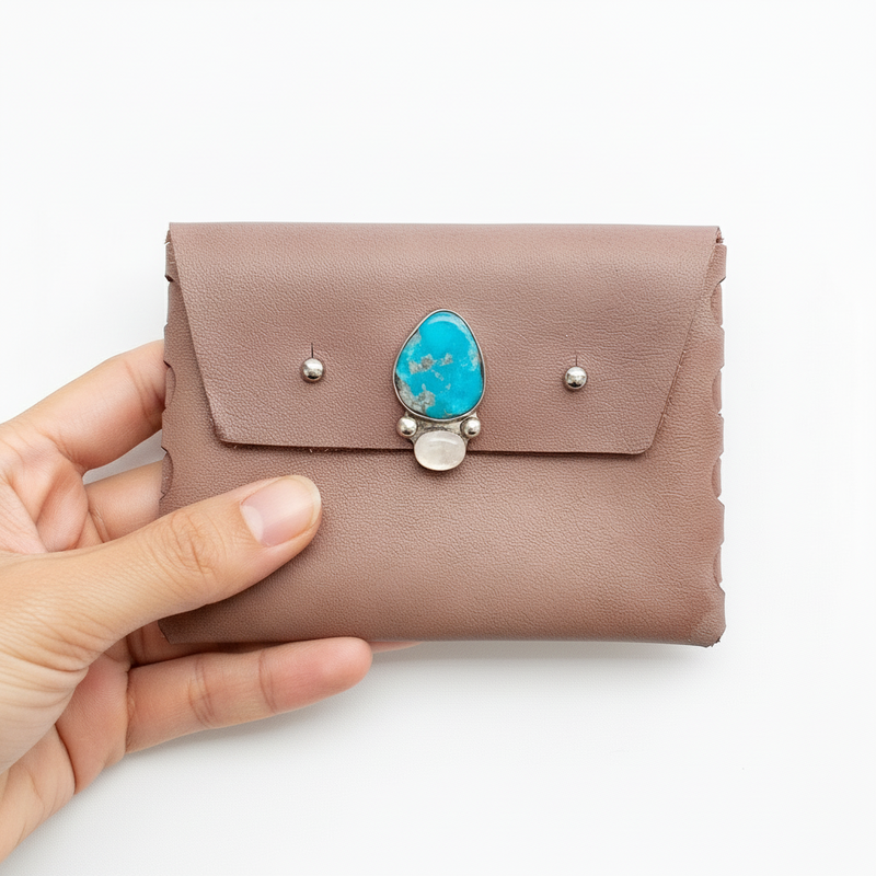 Brea Leather Wallet: Turquoise + Rainbow Moonstone + Sterling Silver + Genuine Leather