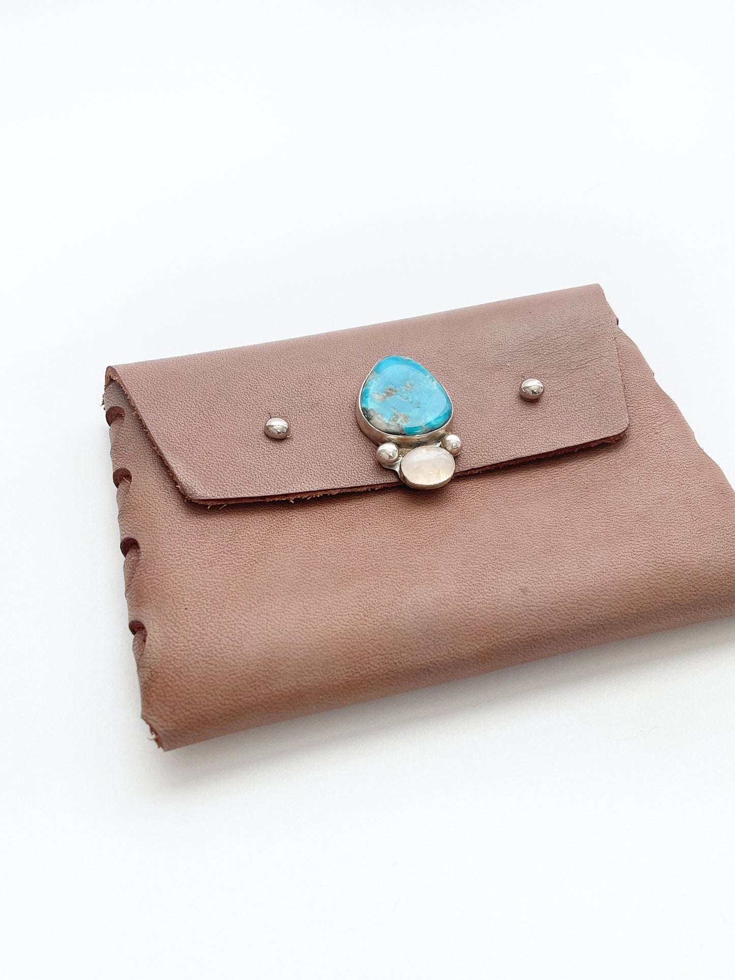 Brea Leather Wallet: Turquoise + Rainbow Moonstone + Sterling Silver + Genuine Leather