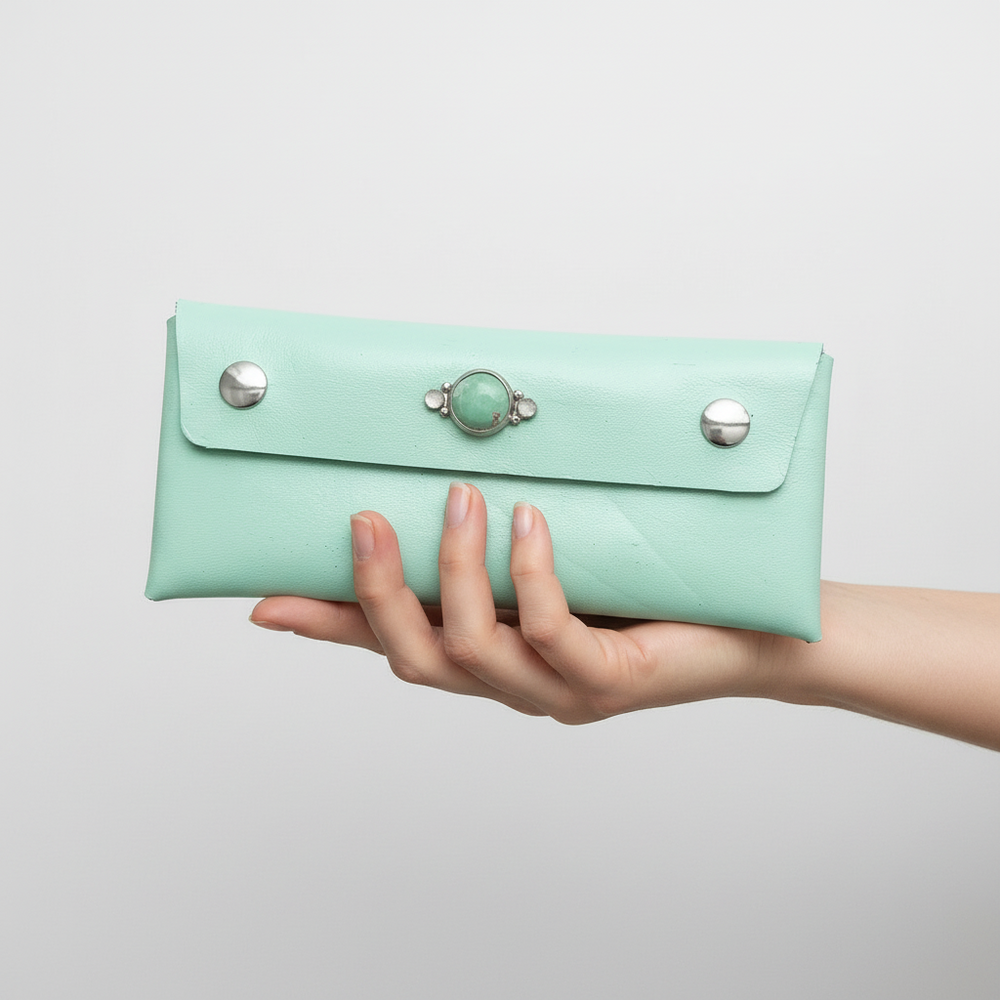 Juni Leather Wallet: Variscite + Rainbow Moonstone + Genuine Leather