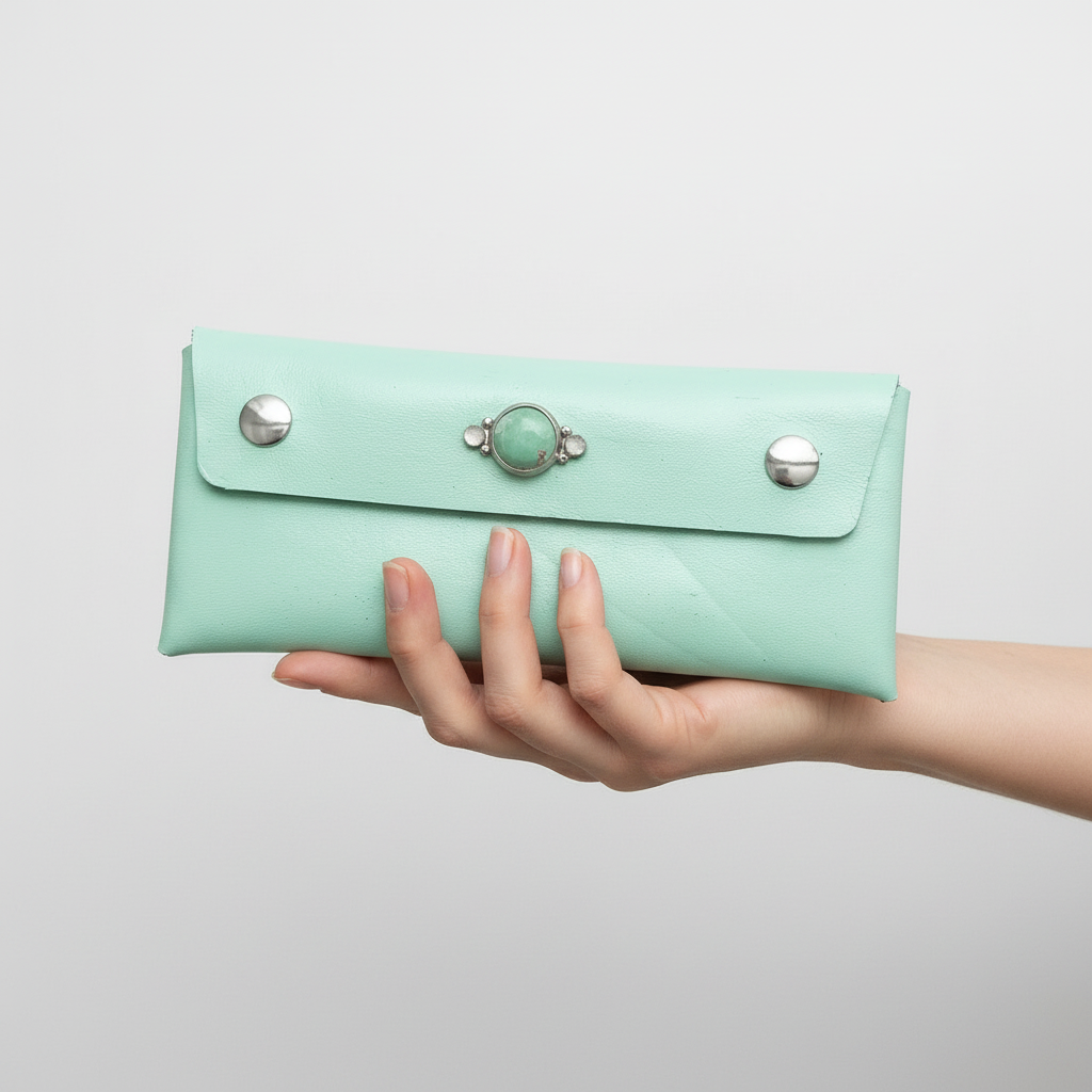 Juni Leather Wallet: Variscite + Rainbow Moonstone + Genuine Leather