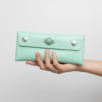 Juni Leather Wallet: Variscite + Rainbow Moonstone + Genuine Leather