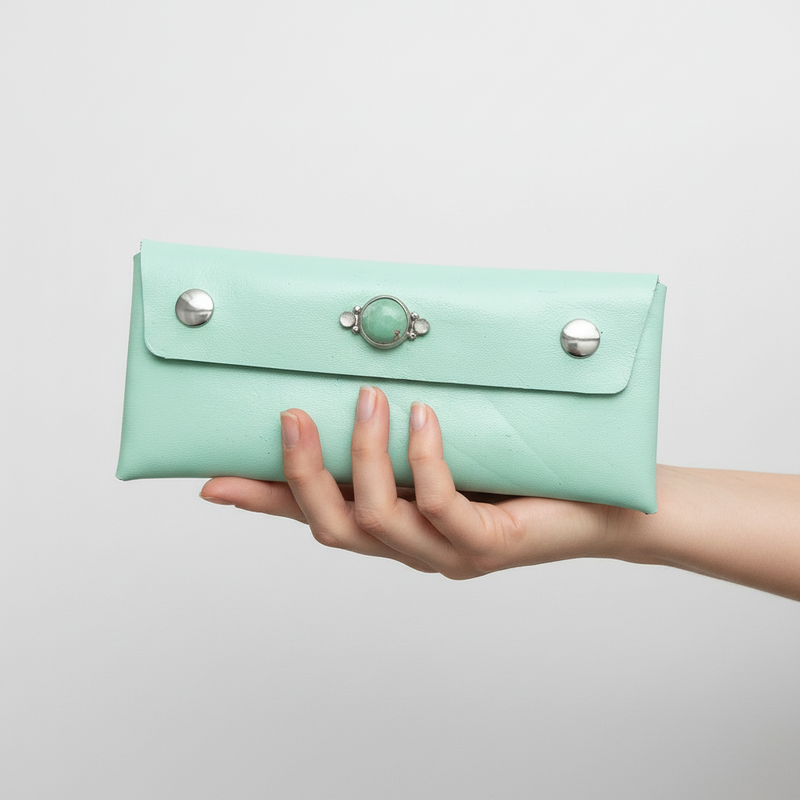 Juni Leather Wallet: Variscite + Rainbow Moonstone + Genuine Leather