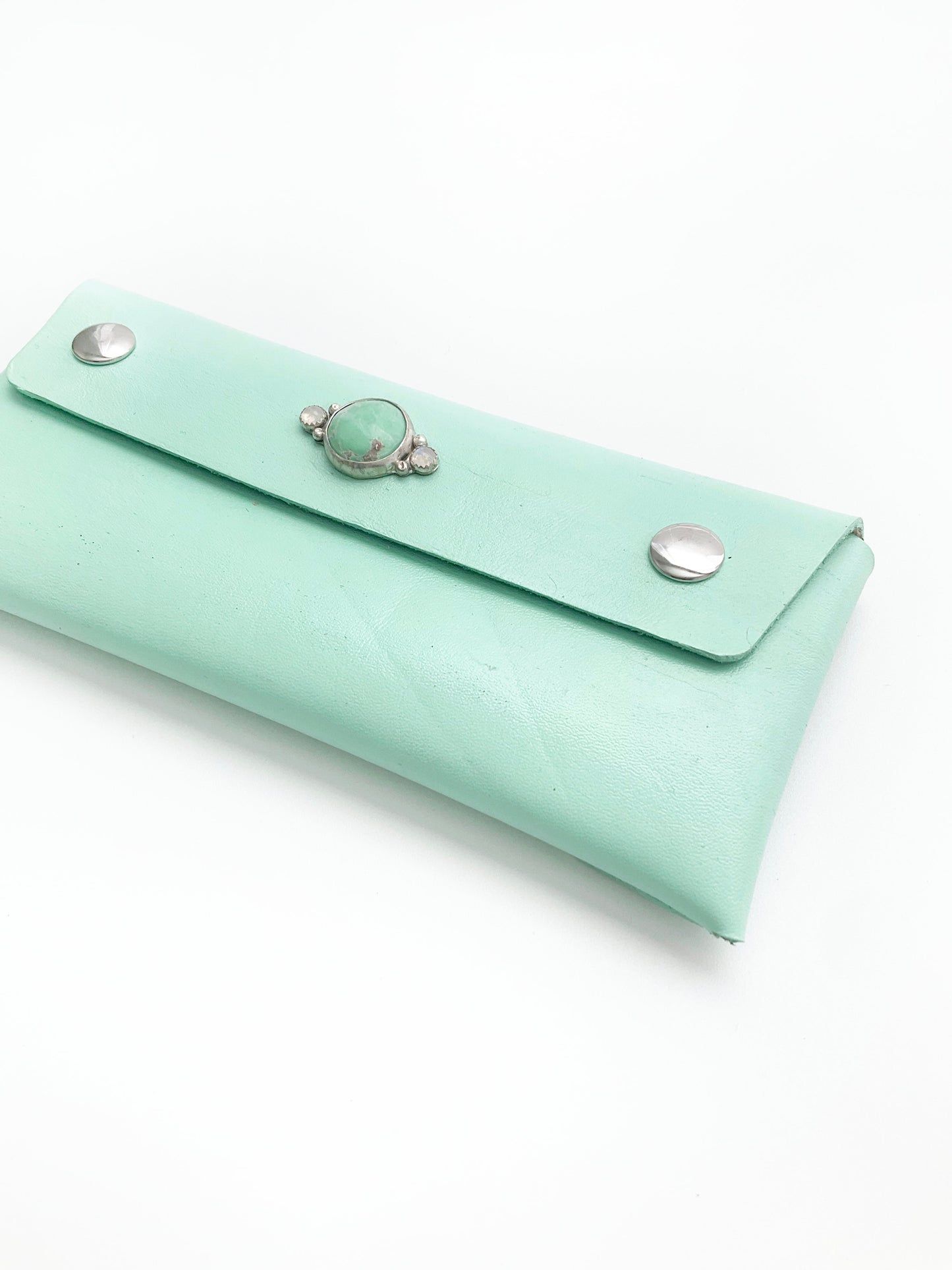 Juni Leather Wallet: Variscite + Rainbow Moonstone + Genuine Leather