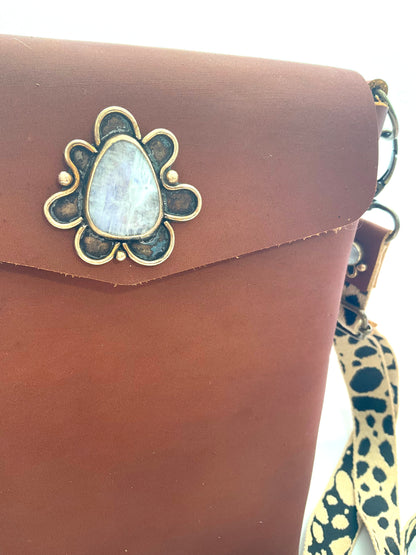 Amelia Brown Leather Crossbody Purse: Rainbow Moonstone + Sterling Silver + Genuine Leather