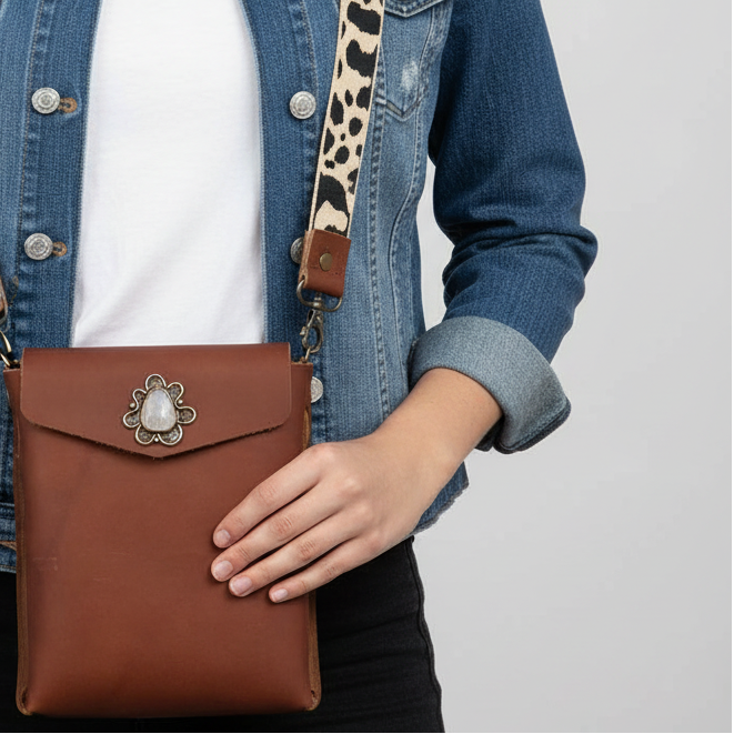 Amelia Brown Leather Crossbody Purse: Rainbow Moonstone + Sterling Silver + Genuine Leather