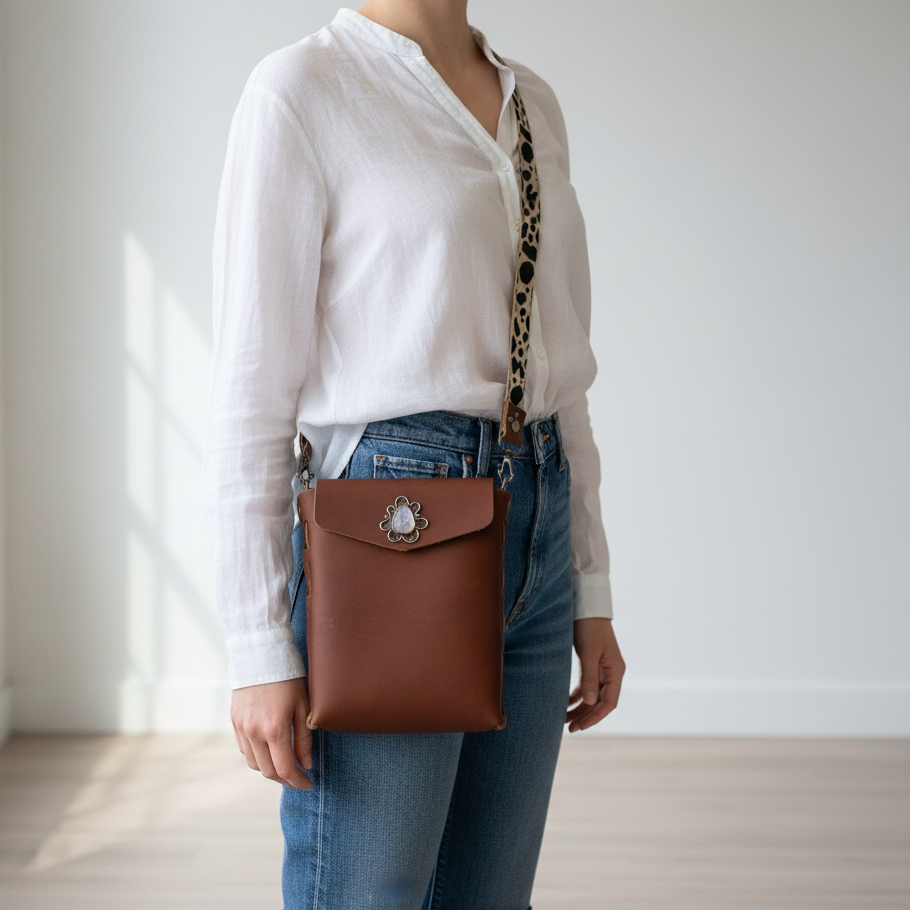 Amelia Brown Leather Crossbody Purse: Rainbow Moonstone + Sterling Silver + Genuine Leather