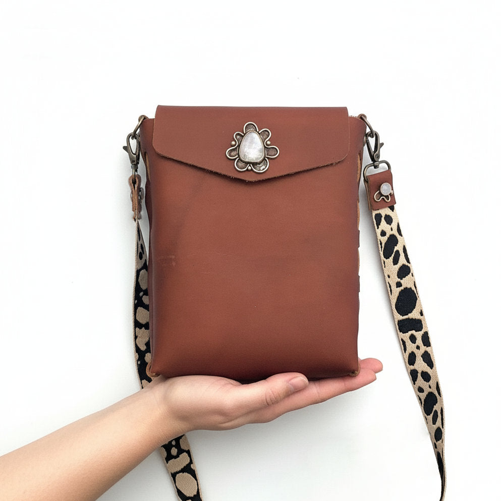 Amelia Brown Leather Crossbody Purse: Rainbow Moonstone + Sterling Silver + Genuine Leather