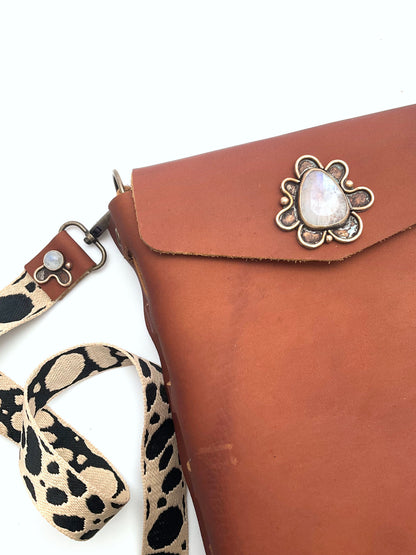 Amelia Brown Leather Crossbody Purse: Rainbow Moonstone + Sterling Silver + Genuine Leather