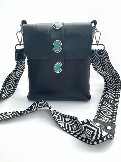 Aria Black Leather Crossbody Purse: Turquoise + Sterling Silver + Genuine Leather