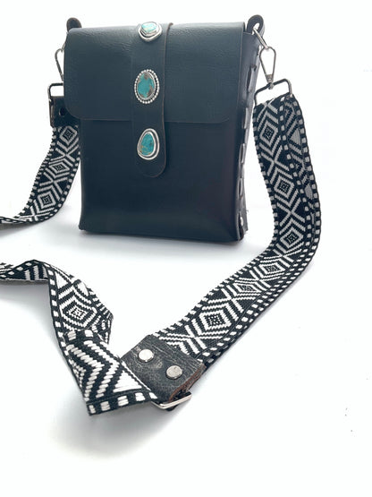 Aria Black Leather Crossbody Purse: Turquoise + Sterling Silver + Genuine Leather