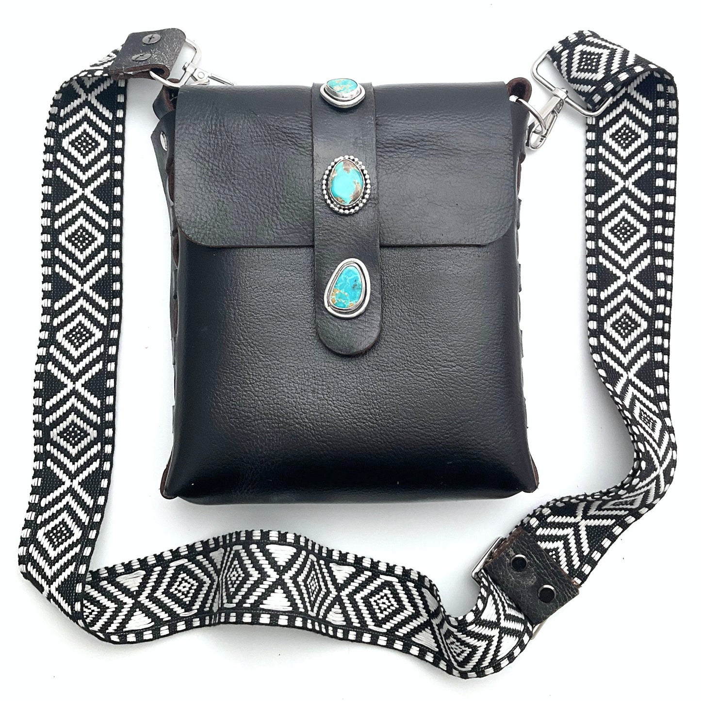 Aria Black Leather Crossbody Purse: Turquoise + Sterling Silver + Genuine Leather