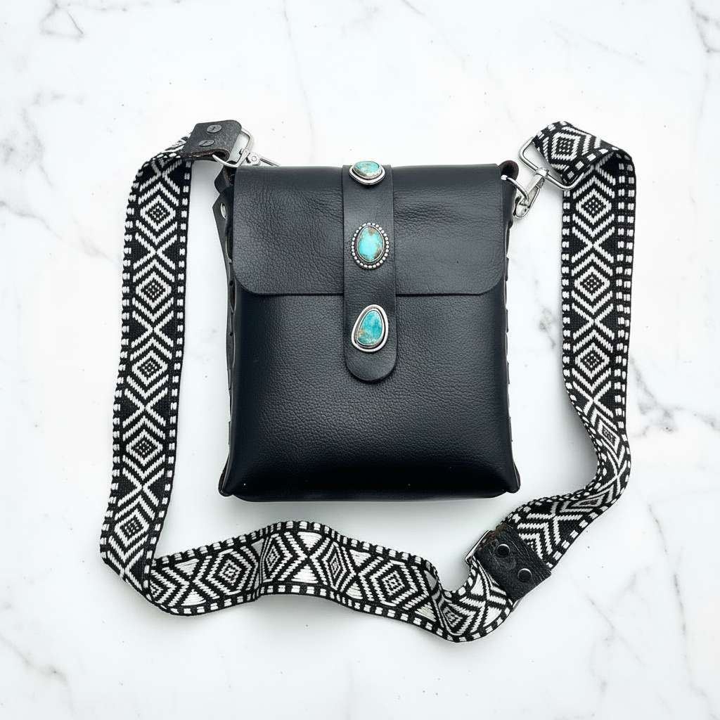 Aria Black Leather Crossbody Purse: Turquoise + Sterling Silver + Genuine Leather