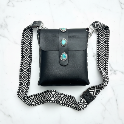 Aria Black Leather Crossbody Purse: Turquoise + Sterling Silver + Genuine Leather