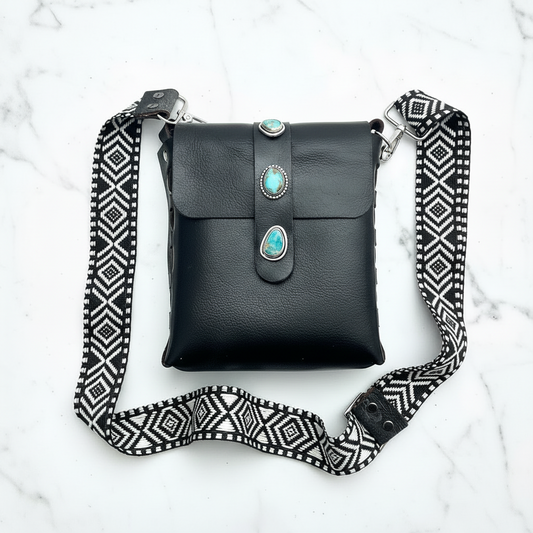 Aria Black Leather Crossbody Purse: Turquoise + Sterling Silver + Genuine Leather