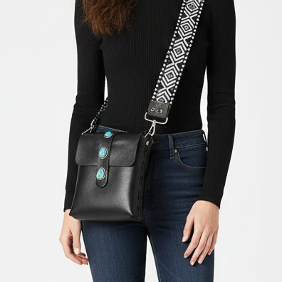 Aria Black Leather Crossbody Purse: Turquoise + Sterling Silver + Genuine Leather