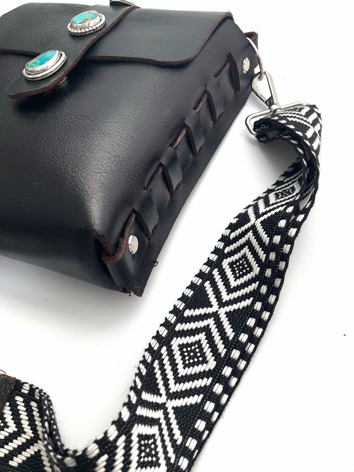 Aria Black Leather Crossbody Purse: Turquoise + Sterling Silver + Genuine Leather