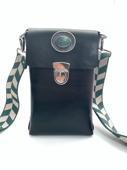 Ava Black Leather Crossbody Purse: Aventurine + Sterling Silver + Genuine Leather