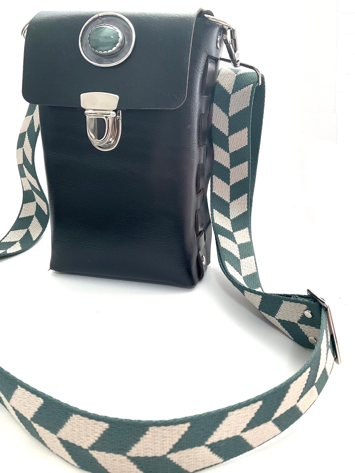 Ava Black Leather Crossbody Purse: Aventurine + Sterling Silver + Genuine Leather