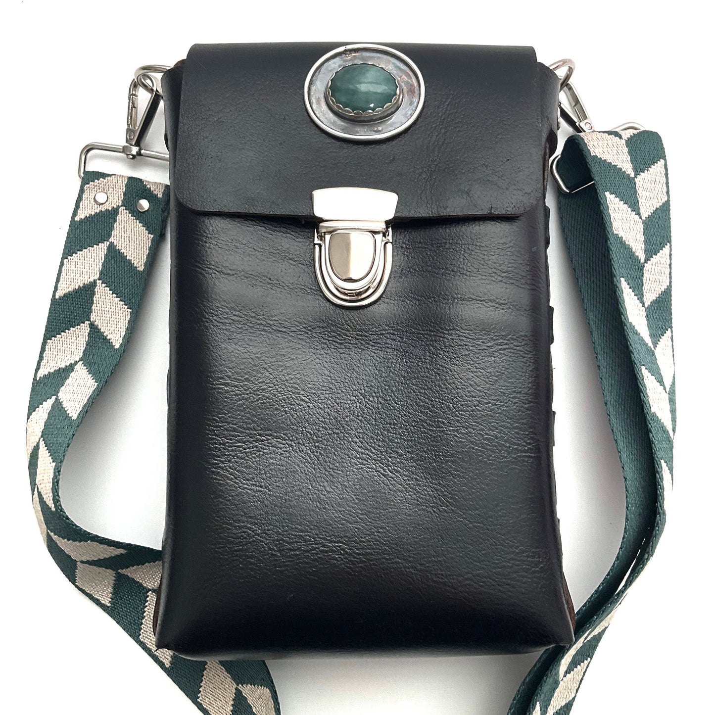 Ava Black Leather Crossbody Purse: Aventurine + Sterling Silver + Genuine Leather