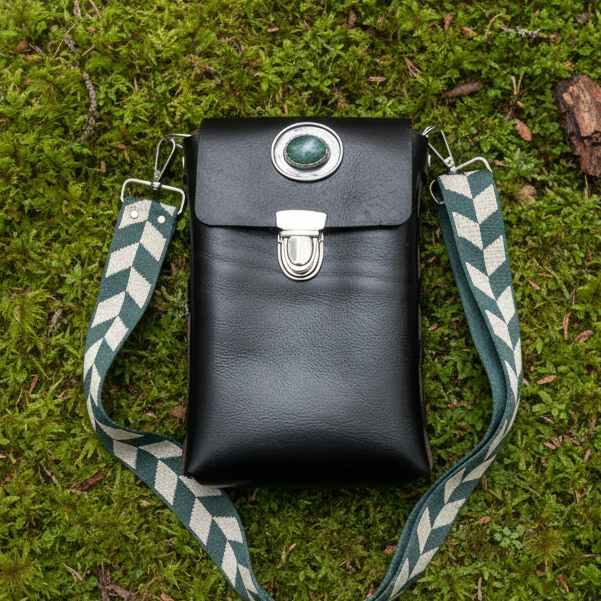 Ava Black Leather Crossbody Purse: Aventurine + Sterling Silver + Genuine Leather