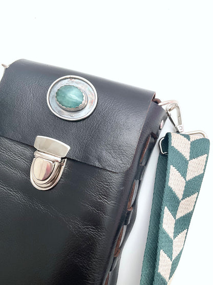 Ava Black Leather Crossbody Purse: Aventurine + Sterling Silver + Genuine Leather