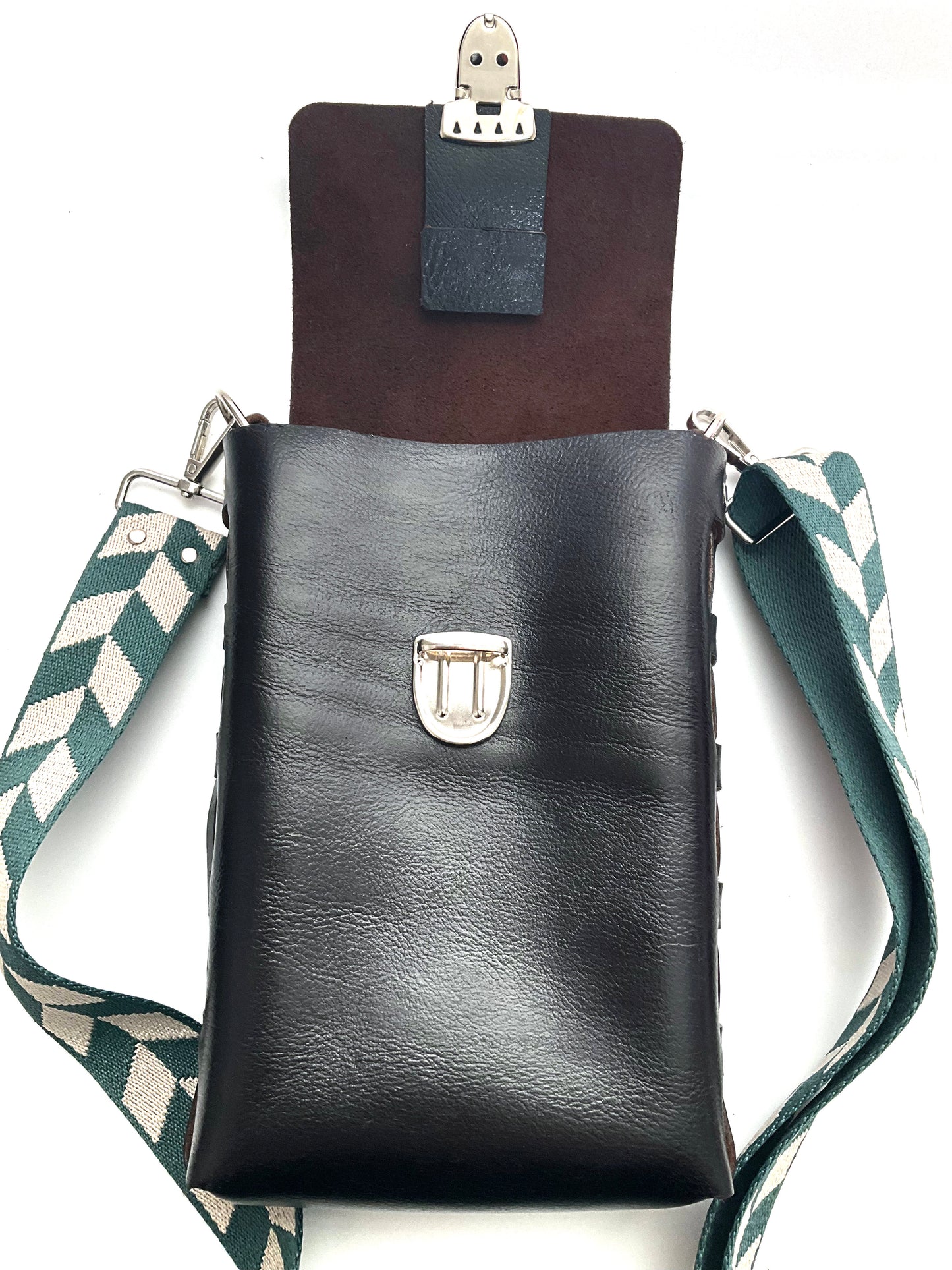 Ava Black Leather Crossbody Purse: Aventurine + Sterling Silver + Genuine Leather