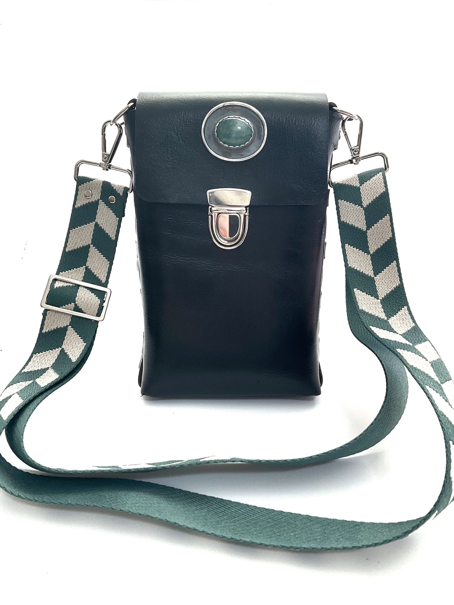 Ava Black Leather Crossbody Purse: Aventurine + Sterling Silver + Genuine Leather