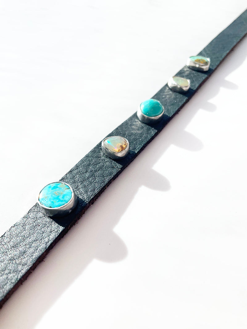 Novae Leather Choker Necklace: Turquoise + Opal + Sterling Silver + Genuine Leather