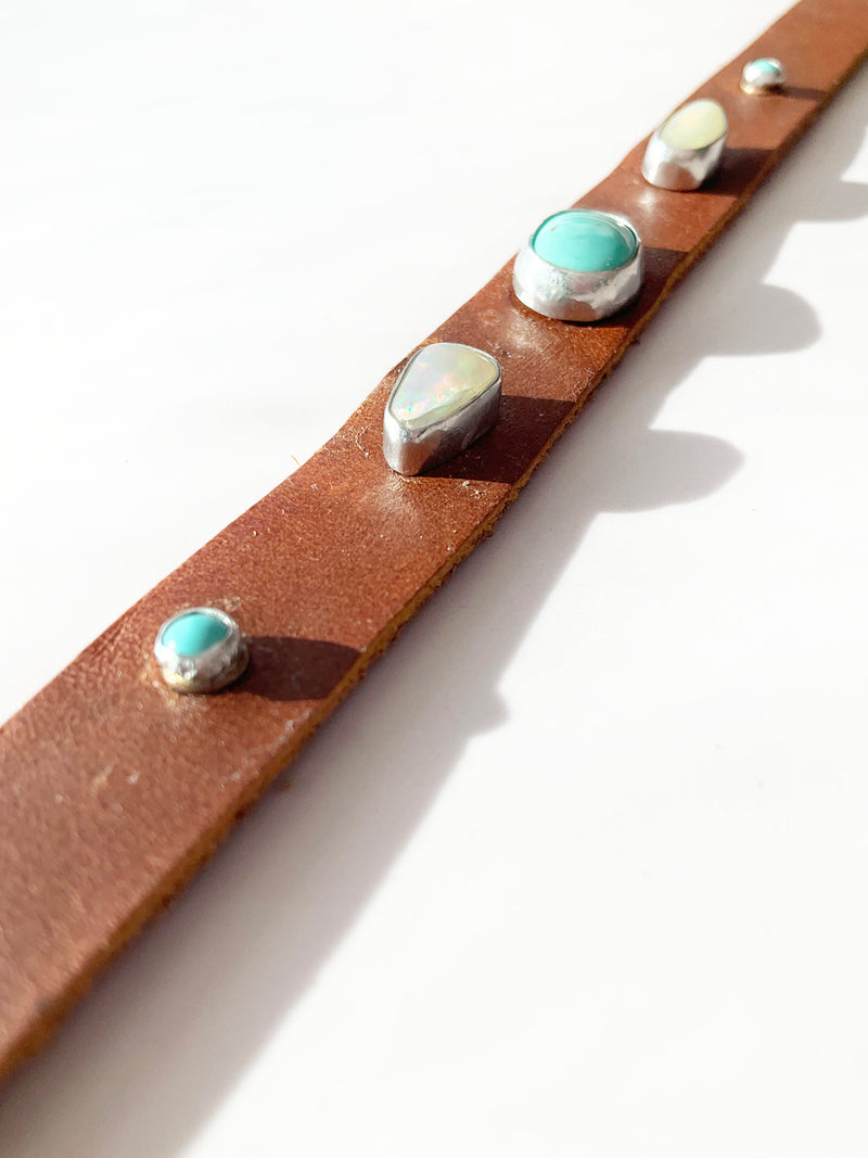 Lyra Leather Choker Necklace: Turquoise + Opal + Sterling Silver + Genuine Leather