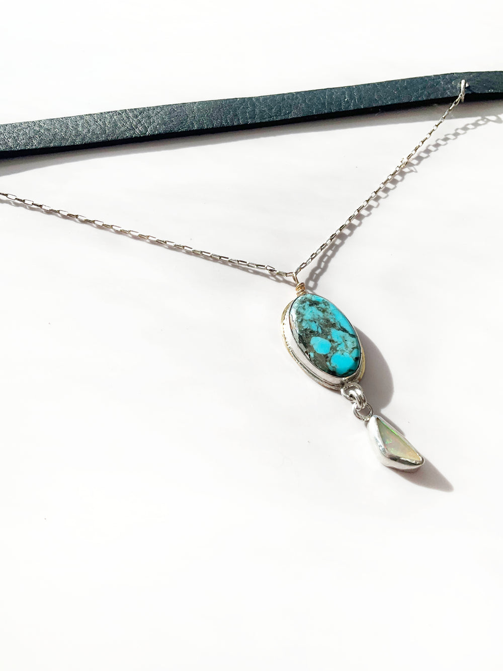 Zephyra Drape Leather Choker Necklace: Turquoise + Opal + Sterling Silver + Genuine Leather