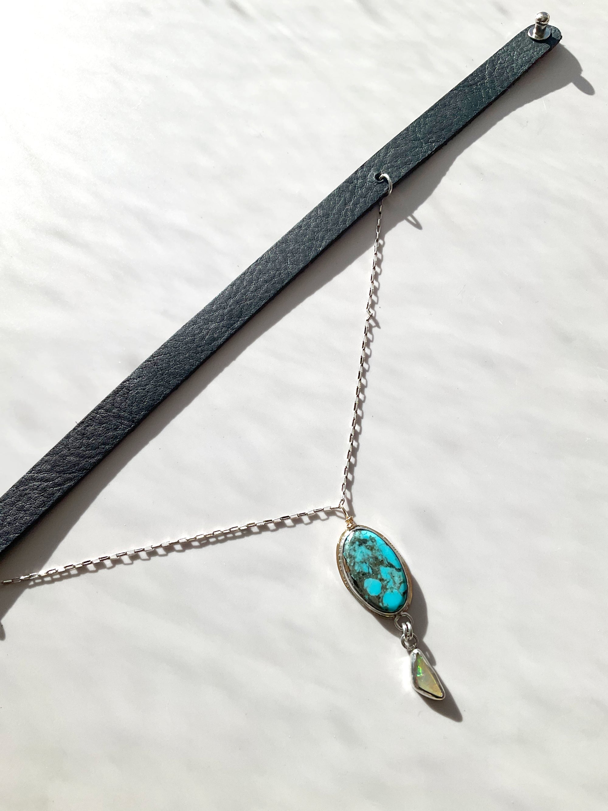 Zephyra Drape Leather Choker Necklace: Turquoise + Opal + Sterling Silver + Genuine Leather