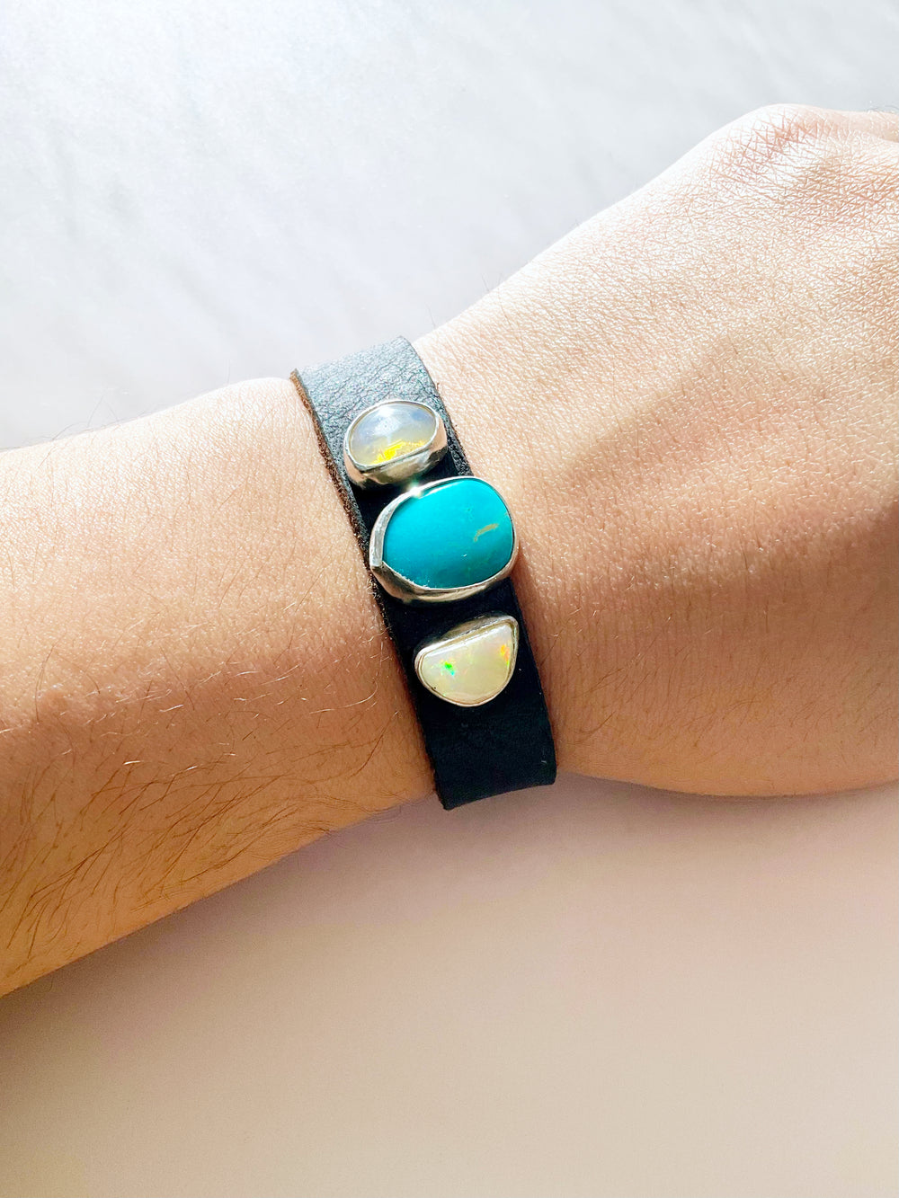 Novae Leather Bracelet: Turquoise + Opal + Sterling Silver + Genuine Leather