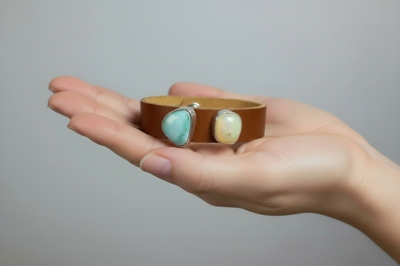 Lyra Leather Bracelet: Turquoise + Opal + Sterling Silver + Genuine Leather