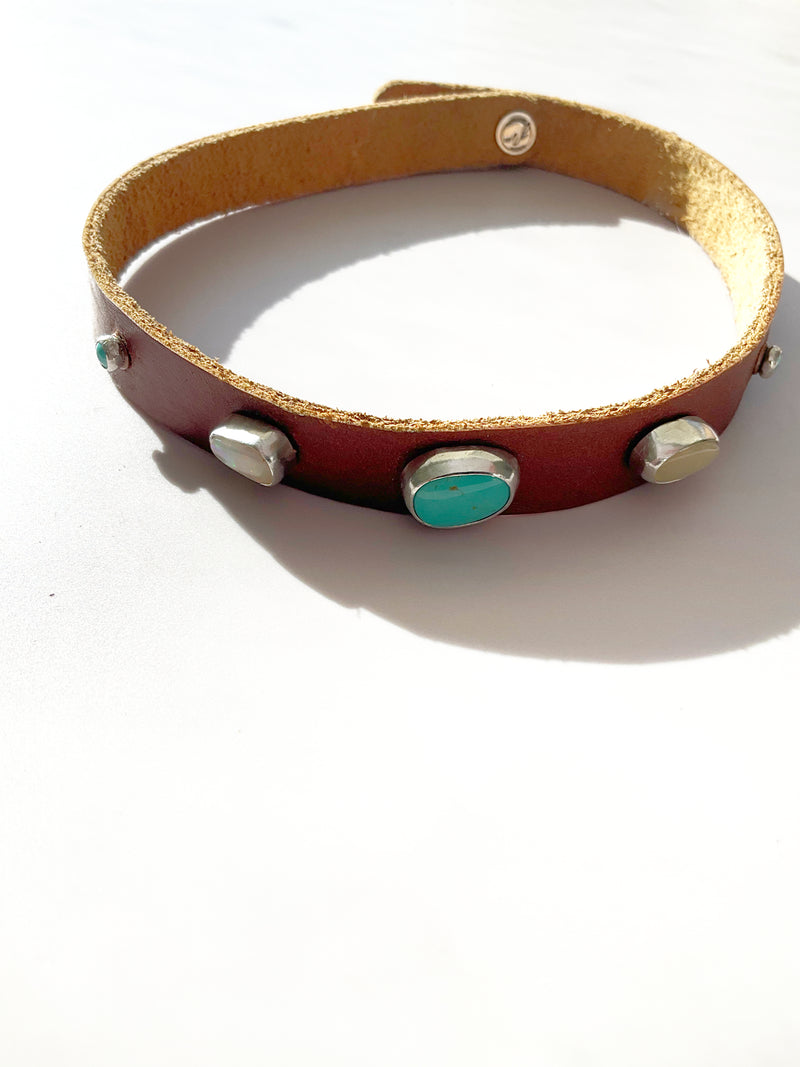 Lyra Leather Choker Necklace: Turquoise + Opal + Sterling Silver + Genuine Leather